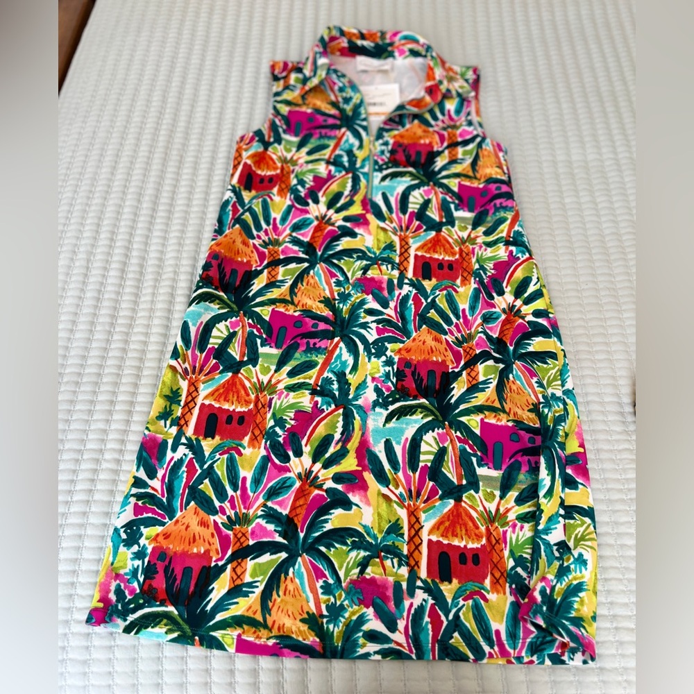 Tropical print dress with palm trees